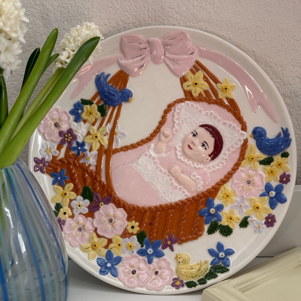 Vintage Signed Pink and Blue Ceramic Baby Platter